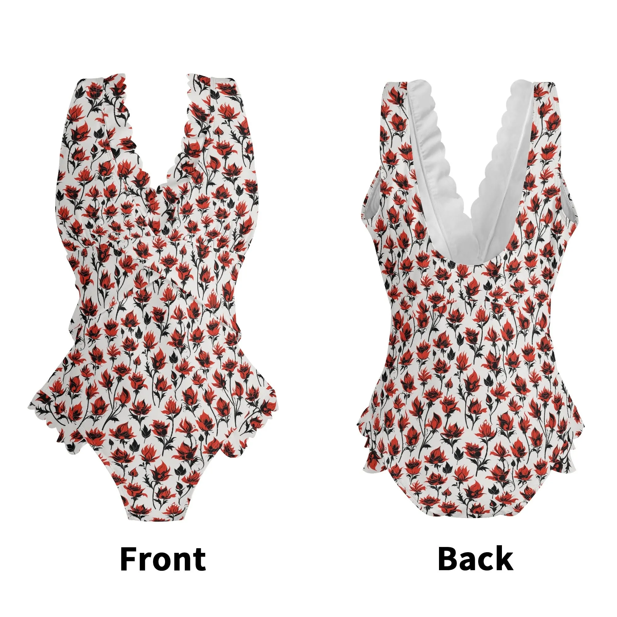 Womens Floral Fire Ruffle Edge Cross-Front One Piece Swimsuit Bathing Suit