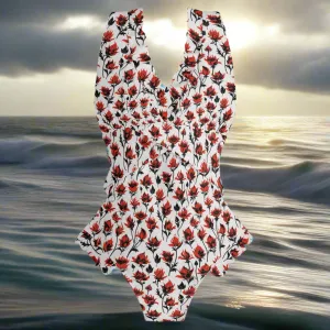 Womens Floral Fire Ruffle Edge Cross-Front One Piece Swimsuit Bathing Suit