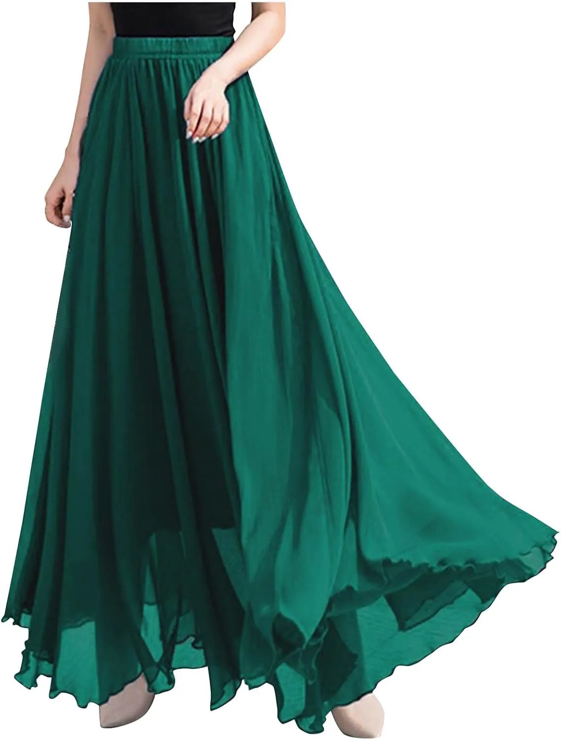 Womens Flowy Chiffon Maxi Skirts Summer Elastic High Waisted Layered Beach Skorts Solid Color Fashion Elegant Skirt