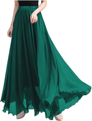 Womens Flowy Chiffon Maxi Skirts Summer Elastic High Waisted Layered Beach Skorts Solid Color Fashion Elegant Skirt