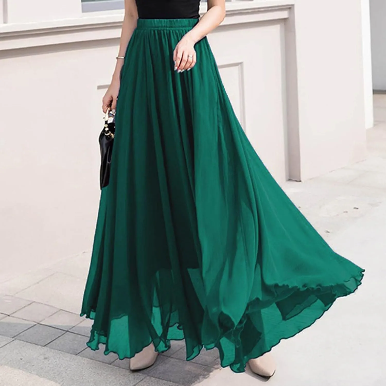 Womens Flowy Chiffon Maxi Skirts Summer Elastic High Waisted Layered Beach Skorts Solid Color Fashion Elegant Skirt