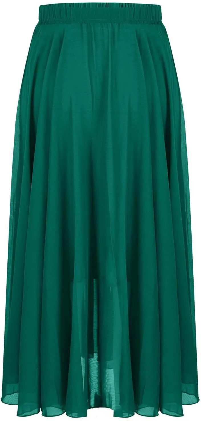 Womens Flowy Chiffon Maxi Skirts Summer Elastic High Waisted Layered Beach Skorts Solid Color Fashion Elegant Skirt