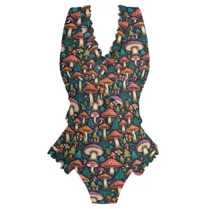 Womens Forest Shrooms Ruffle Edge Cross-Front One Piece Swimsuit Bathing Suit
