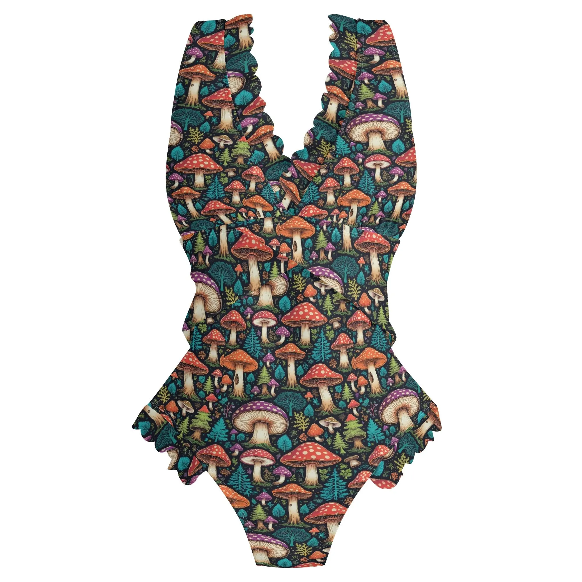 Womens Forest Shrooms Ruffle Edge Cross-Front One Piece Swimsuit Bathing Suit