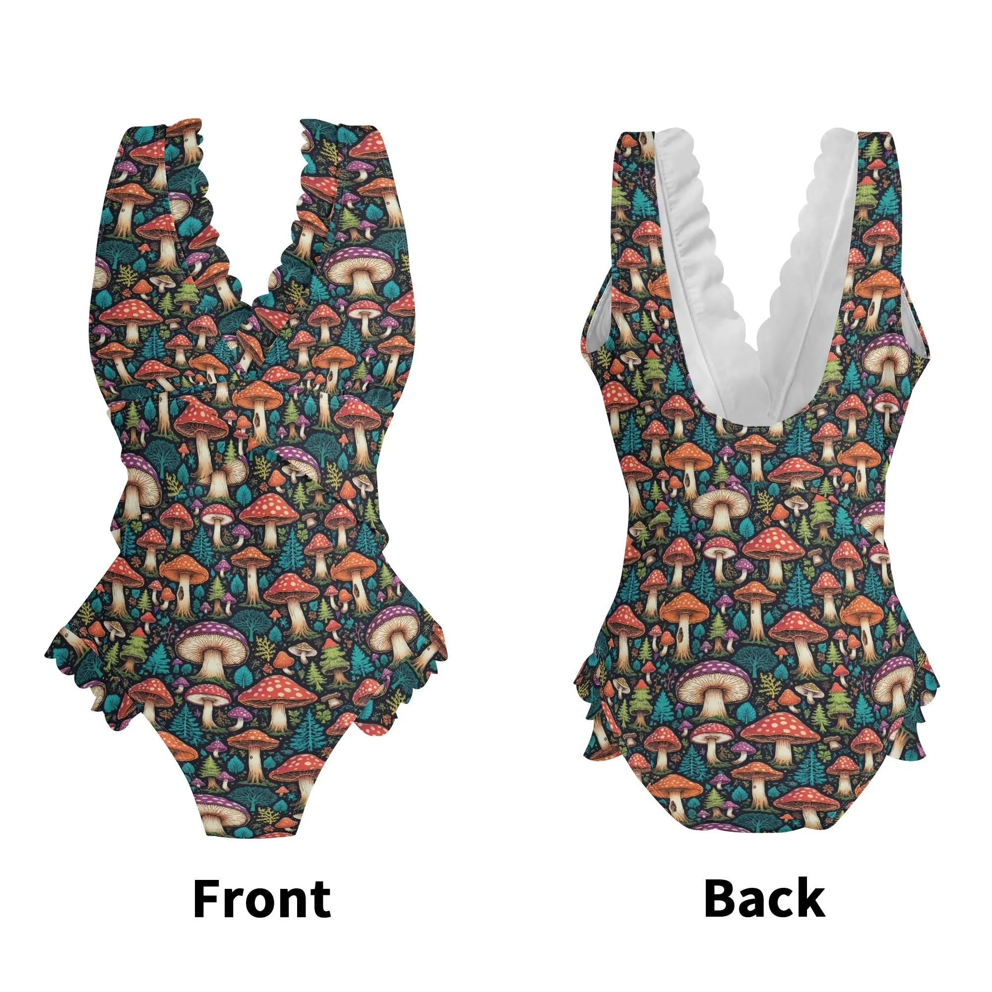 Womens Forest Shrooms Ruffle Edge Cross-Front One Piece Swimsuit Bathing Suit
