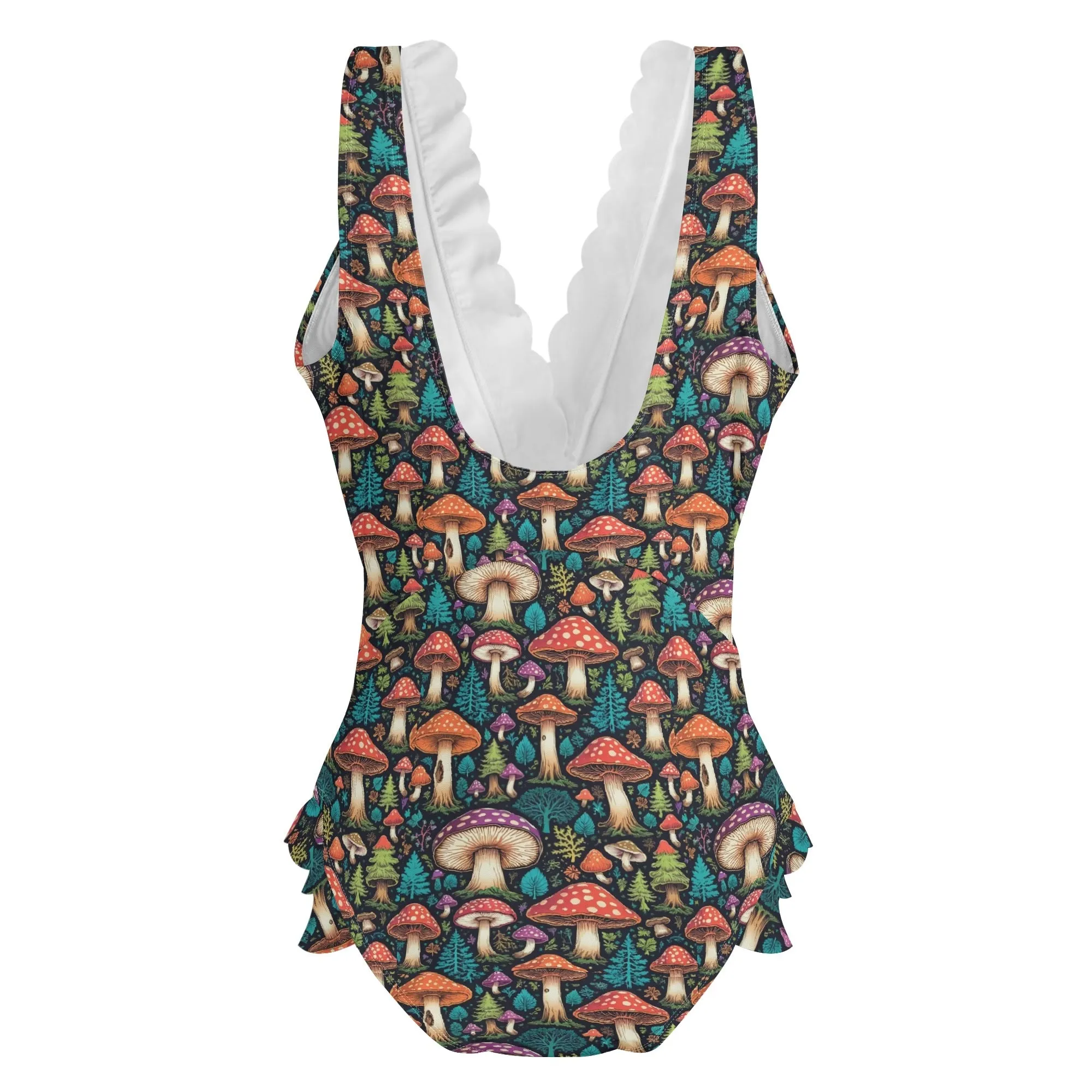 Womens Forest Shrooms Ruffle Edge Cross-Front One Piece Swimsuit Bathing Suit