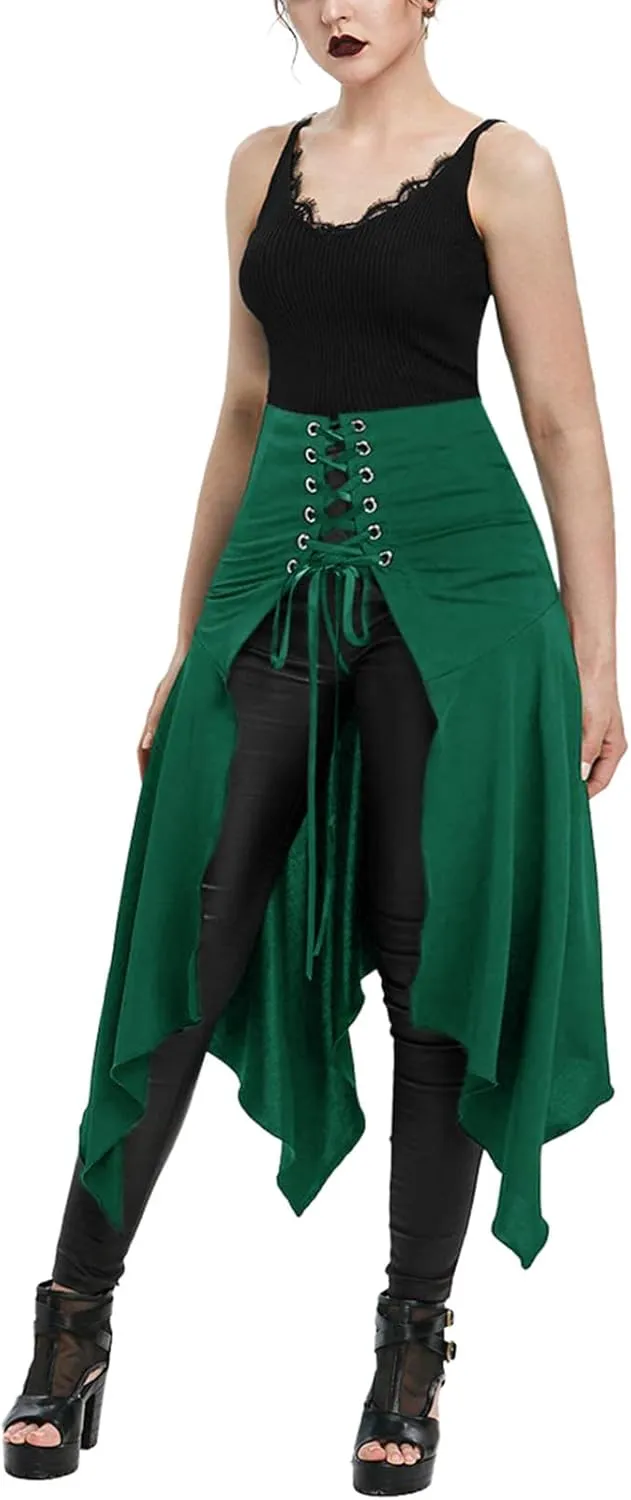 Women's Gothic Skirts Cutout Lace Up Skirt Asymmetrical Goth Skirts High Waist Pleated Skirt High Low Ruffle Skirts