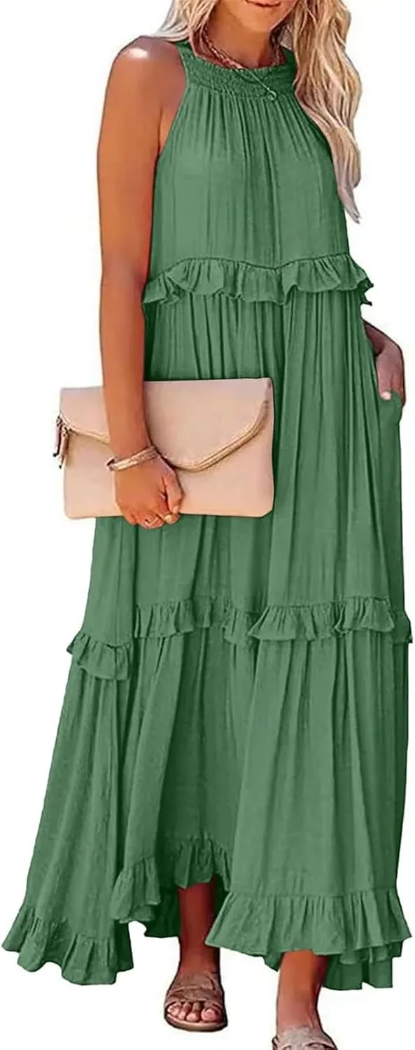 Womens Halter Neck Maxi Dress Sleeveless Sexy Tiered Flowy Long Dress Summer Loose Smocked Ruffle Swing Beach Dresses