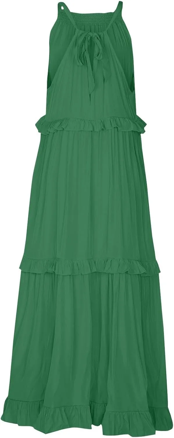 Womens Halter Neck Maxi Dress Sleeveless Sexy Tiered Flowy Long Dress Summer Loose Smocked Ruffle Swing Beach Dresses