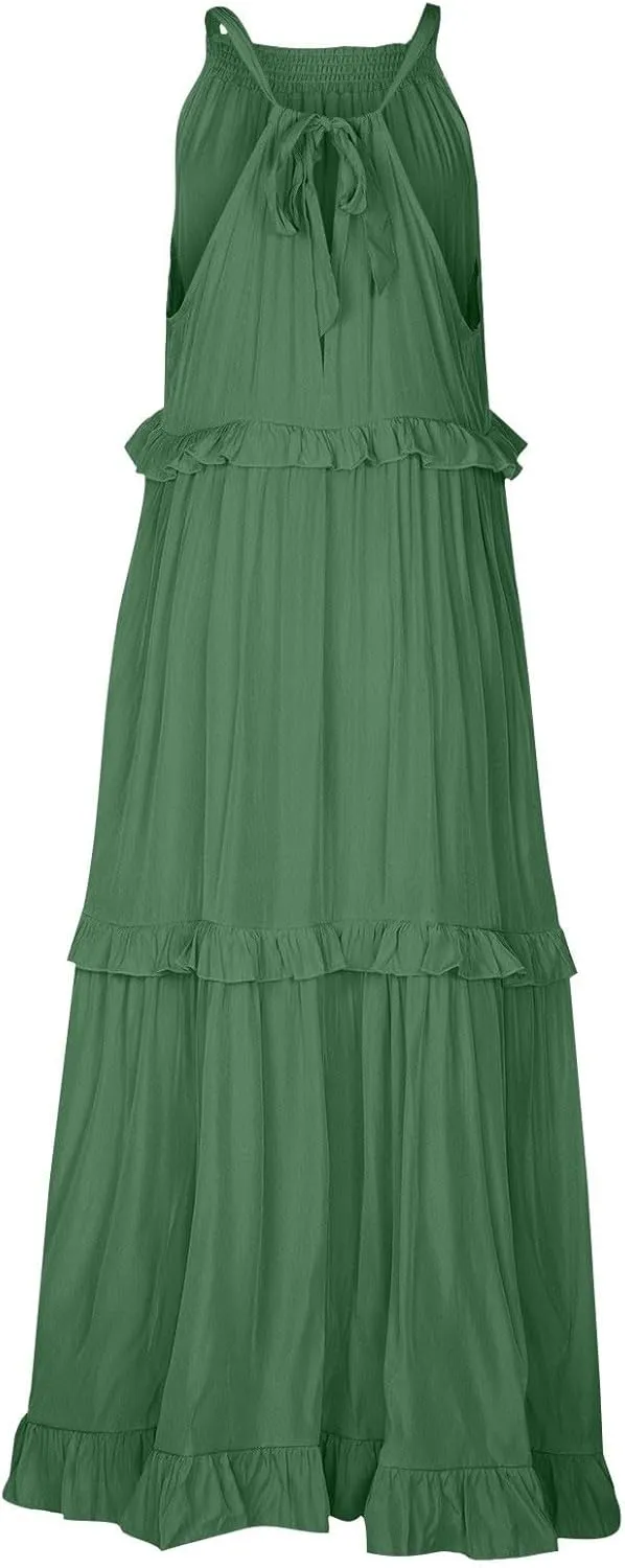 Womens Halter Neck Maxi Dress Sleeveless Sexy Tiered Flowy Long Dress Summer Loose Smocked Ruffle Swing Beach Dresses