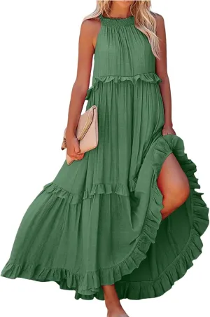 Womens Halter Neck Maxi Dress Sleeveless Sexy Tiered Flowy Long Dress Summer Loose Smocked Ruffle Swing Beach Dresses