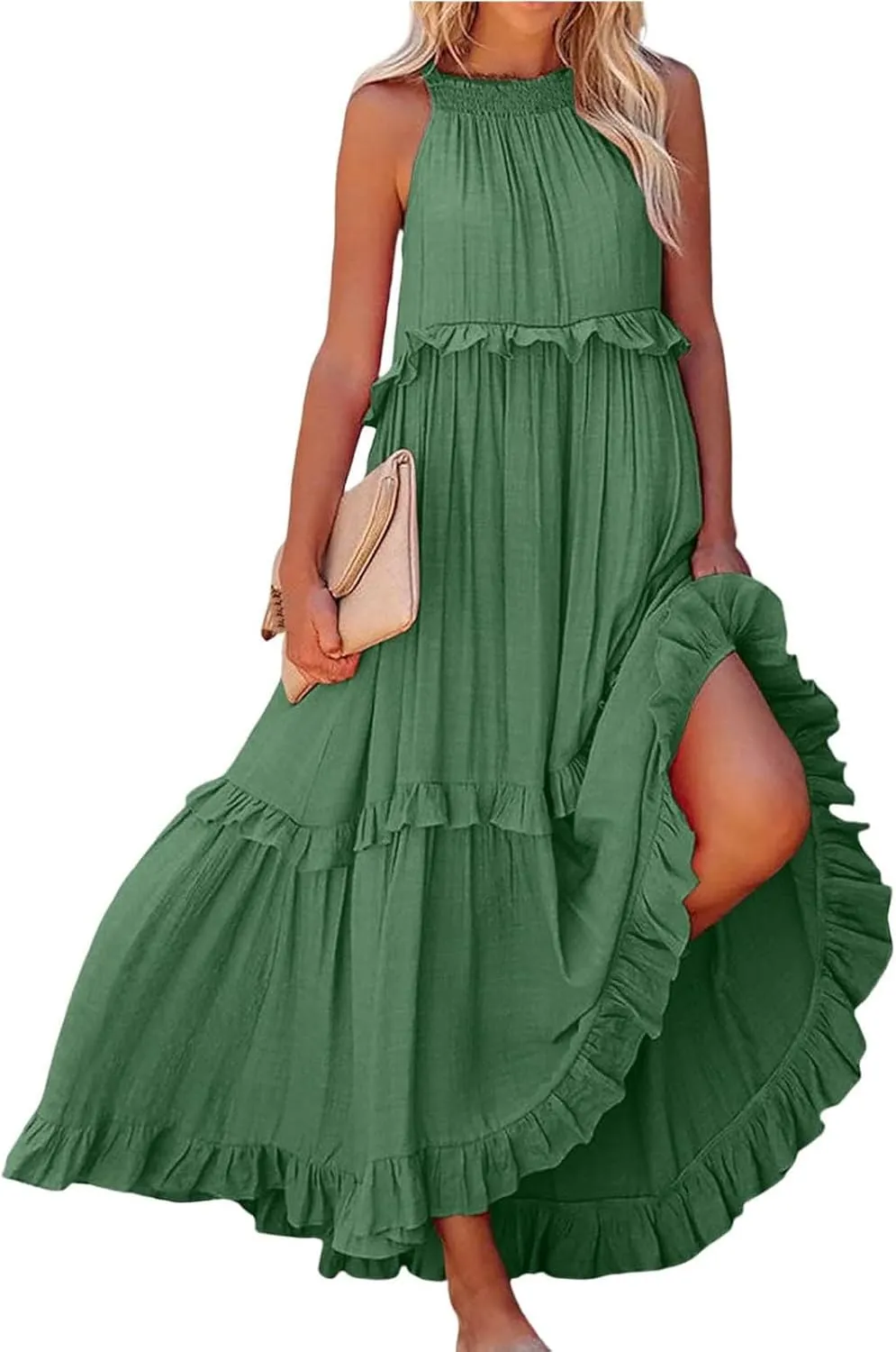 Womens Halter Neck Maxi Dress Sleeveless Sexy Tiered Flowy Long Dress Summer Loose Smocked Ruffle Swing Beach Dresses