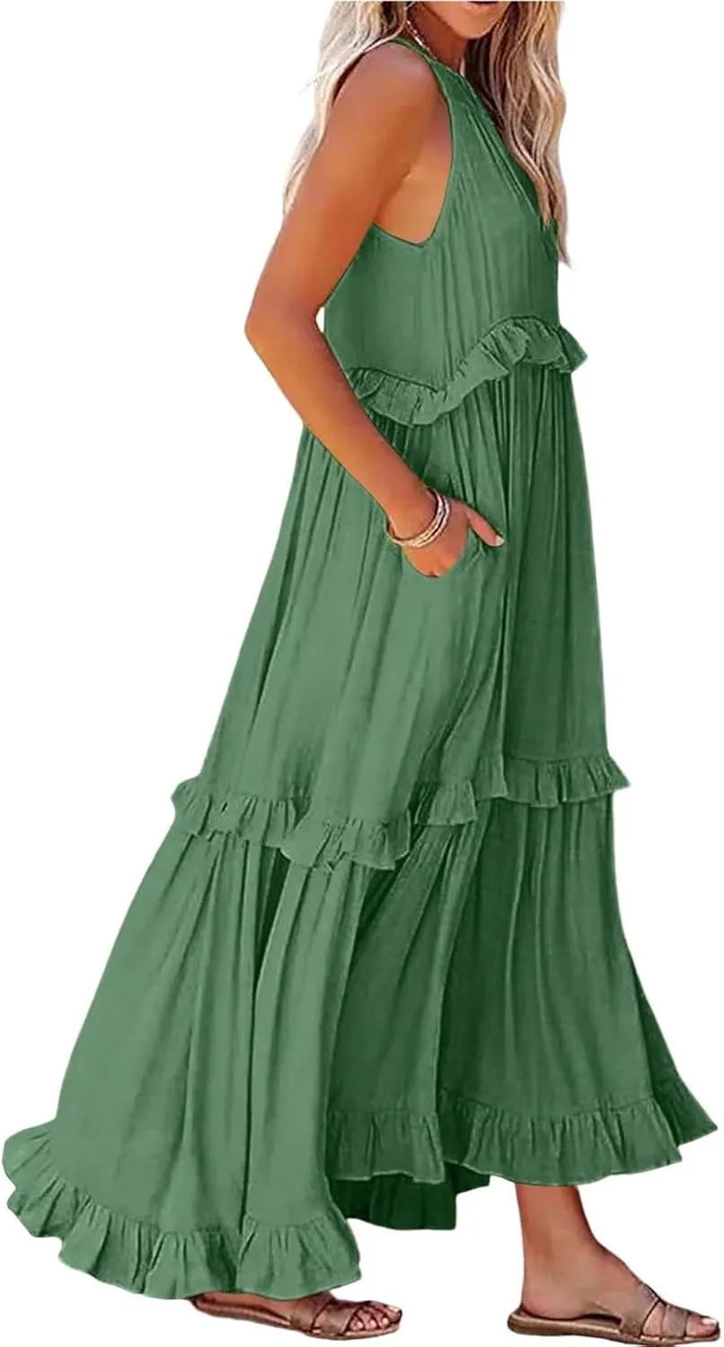 Womens Halter Neck Maxi Dress Sleeveless Sexy Tiered Flowy Long Dress Summer Loose Smocked Ruffle Swing Beach Dresses