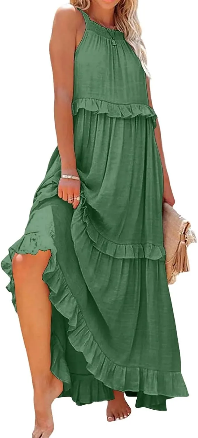 Womens Halter Neck Maxi Dress Sleeveless Sexy Tiered Flowy Long Dress Summer Loose Smocked Ruffle Swing Beach Dresses
