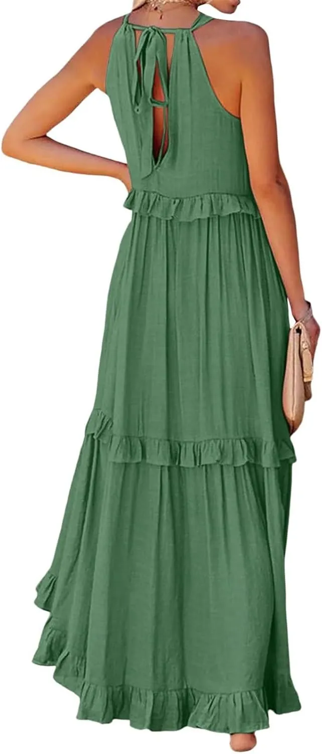 Womens Halter Neck Maxi Dress Sleeveless Sexy Tiered Flowy Long Dress Summer Loose Smocked Ruffle Swing Beach Dresses