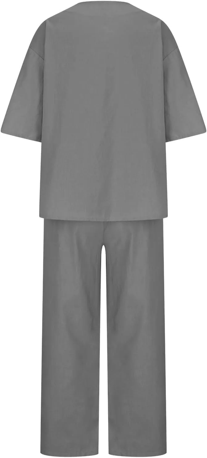 Womens Linen Top and Wide Leg Pants Suit 2 Pieces Summer Casual Elegant Outfit