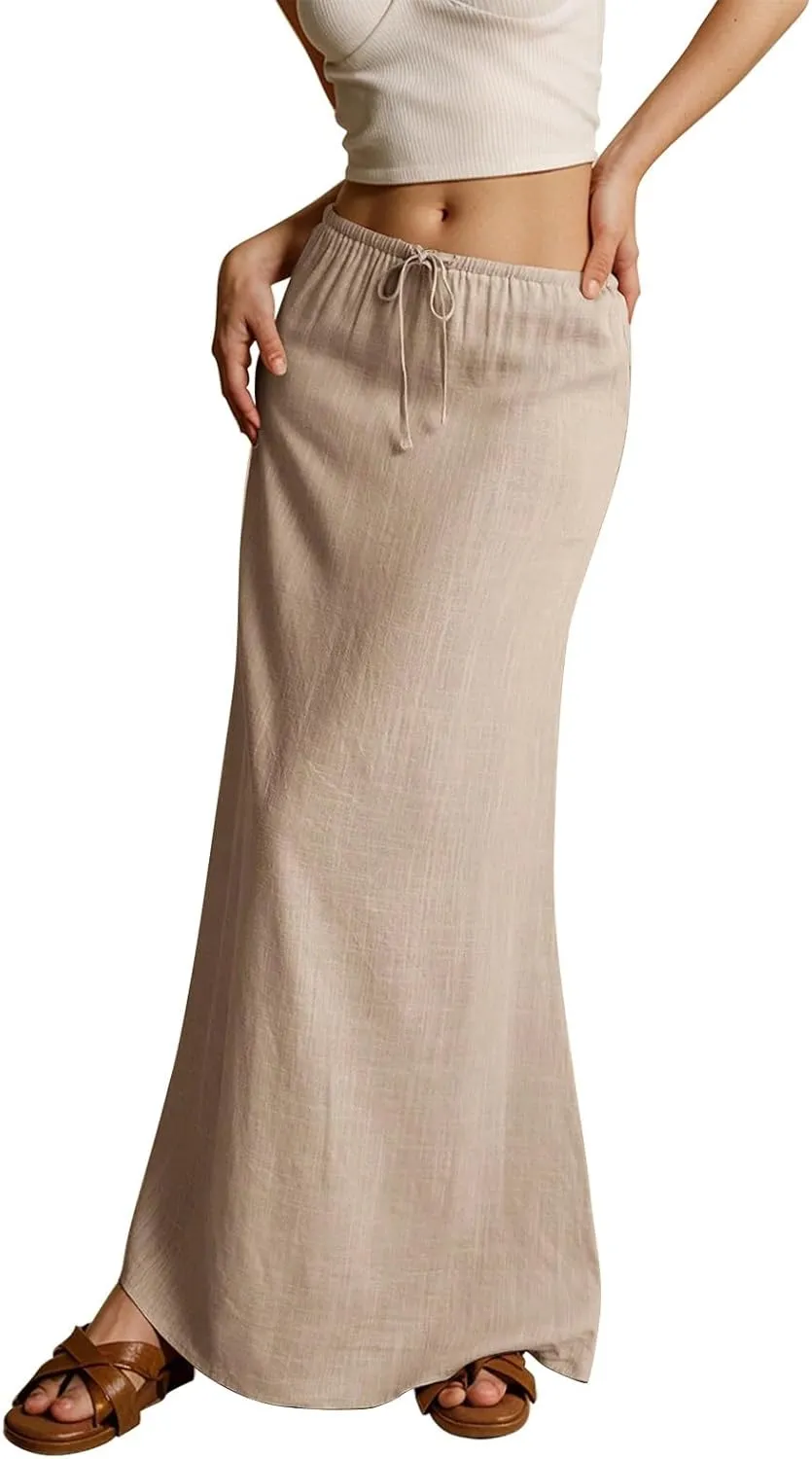 Women's Long Skirts 2025 Boho Summer Elastic Waist Solid Tie Athletic Maxi Skirt with Pockets Trendy, S-2XL