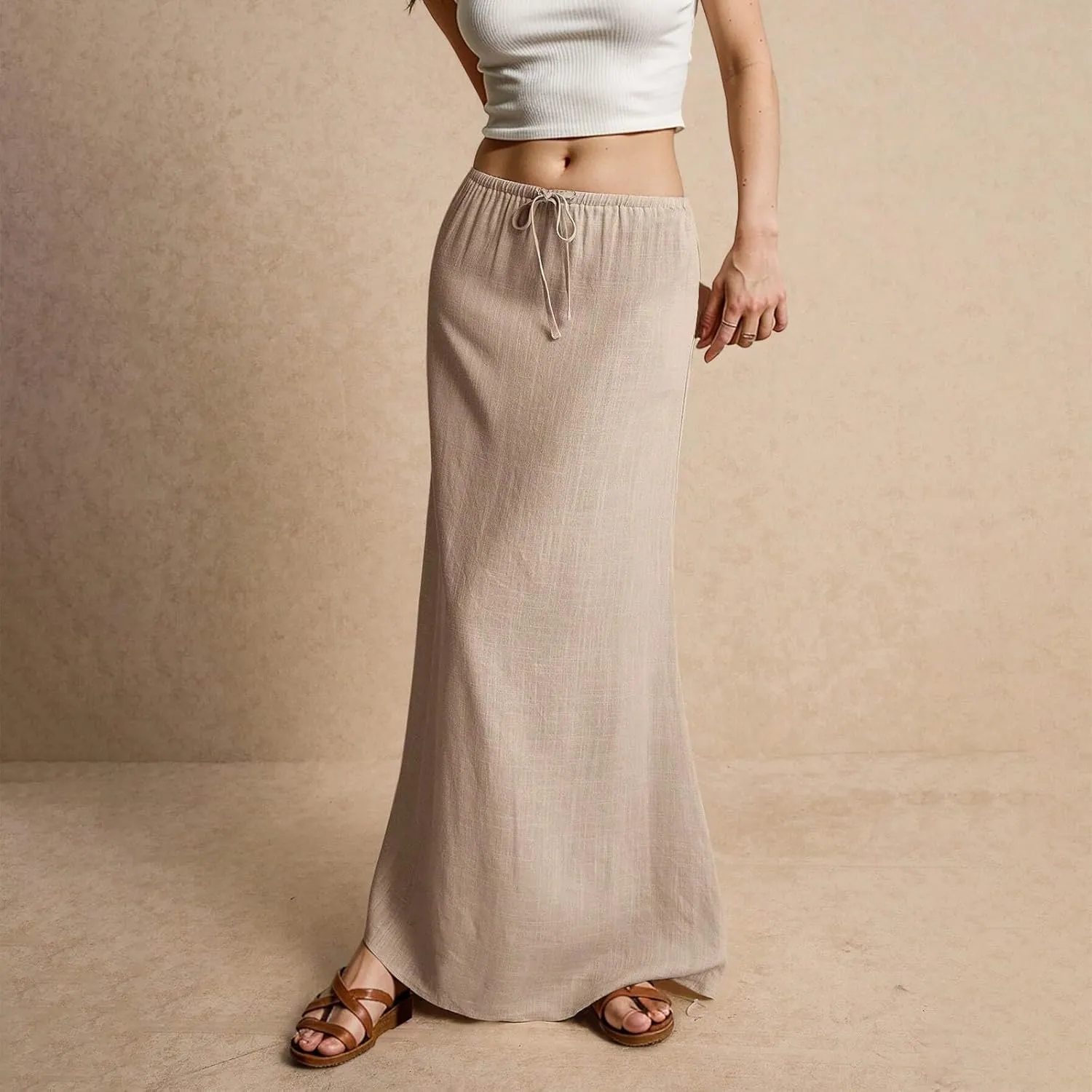 Women's Long Skirts 2025 Boho Summer Elastic Waist Solid Tie Athletic Maxi Skirt with Pockets Trendy, S-2XL