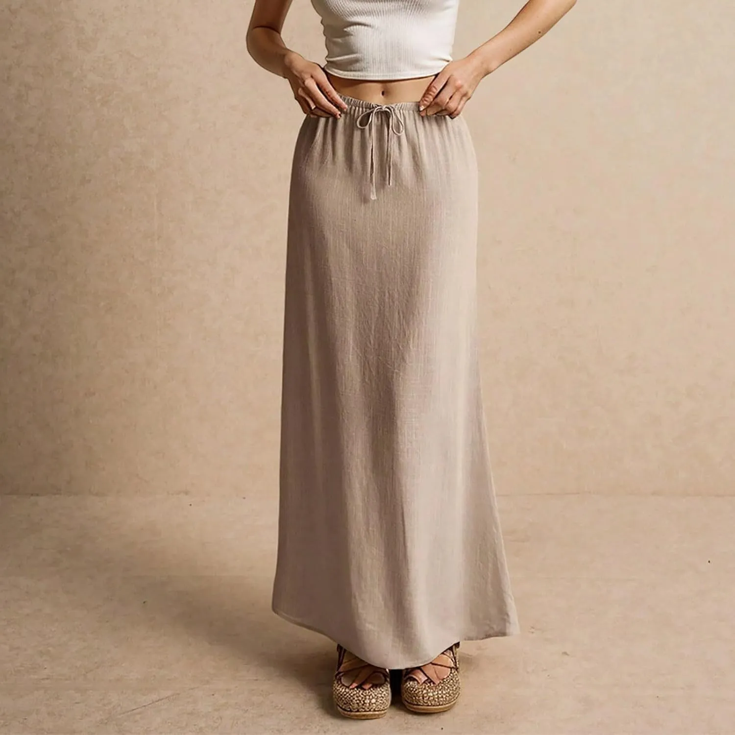 Women's Long Skirts 2025 Boho Summer Elastic Waist Solid Tie Athletic Maxi Skirt with Pockets Trendy, S-2XL