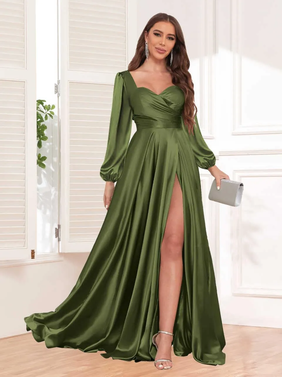 Women's Long Sleeve Bridesmaid Dresses with Slit Satin Pleated Formal Prom Evening Gowns