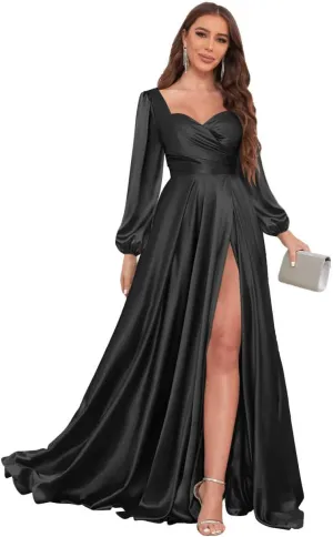 Women's Long Sleeve Bridesmaid Dresses with Slit Satin Pleated Formal Prom Evening Gowns