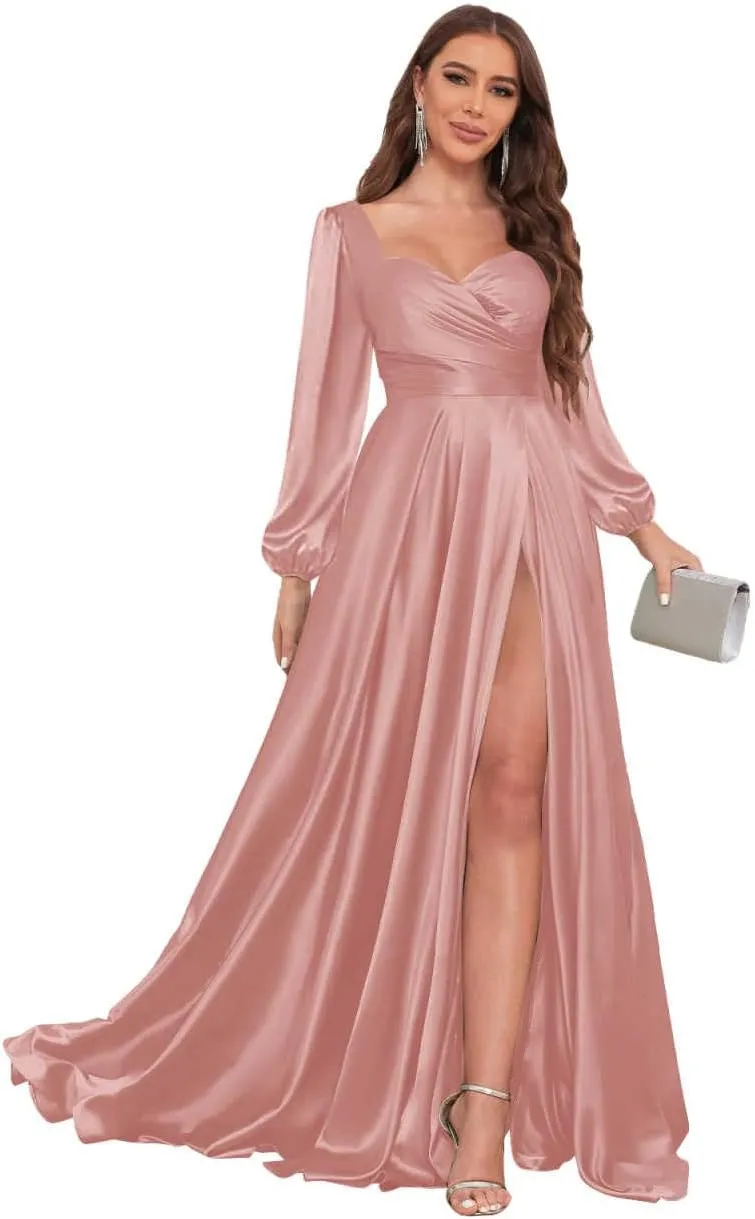 Women's Long Sleeve Bridesmaid Dresses with Slit Satin Pleated Formal Prom Evening Gowns