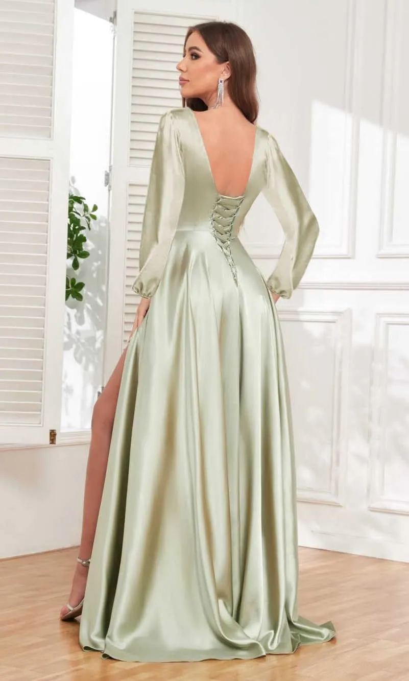 Women's Long Sleeve Bridesmaid Dresses with Slit Satin Pleated Formal Prom Evening Gowns