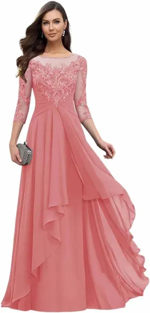 Women's Long Sleeve Mother of The Bride Dresses for Wedding Chiffon Lace Formal Evening Party Gowns