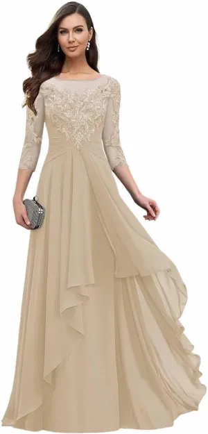 Women's Long Sleeve Mother of The Bride Dresses for Wedding Chiffon Lace Formal Evening Party Gowns