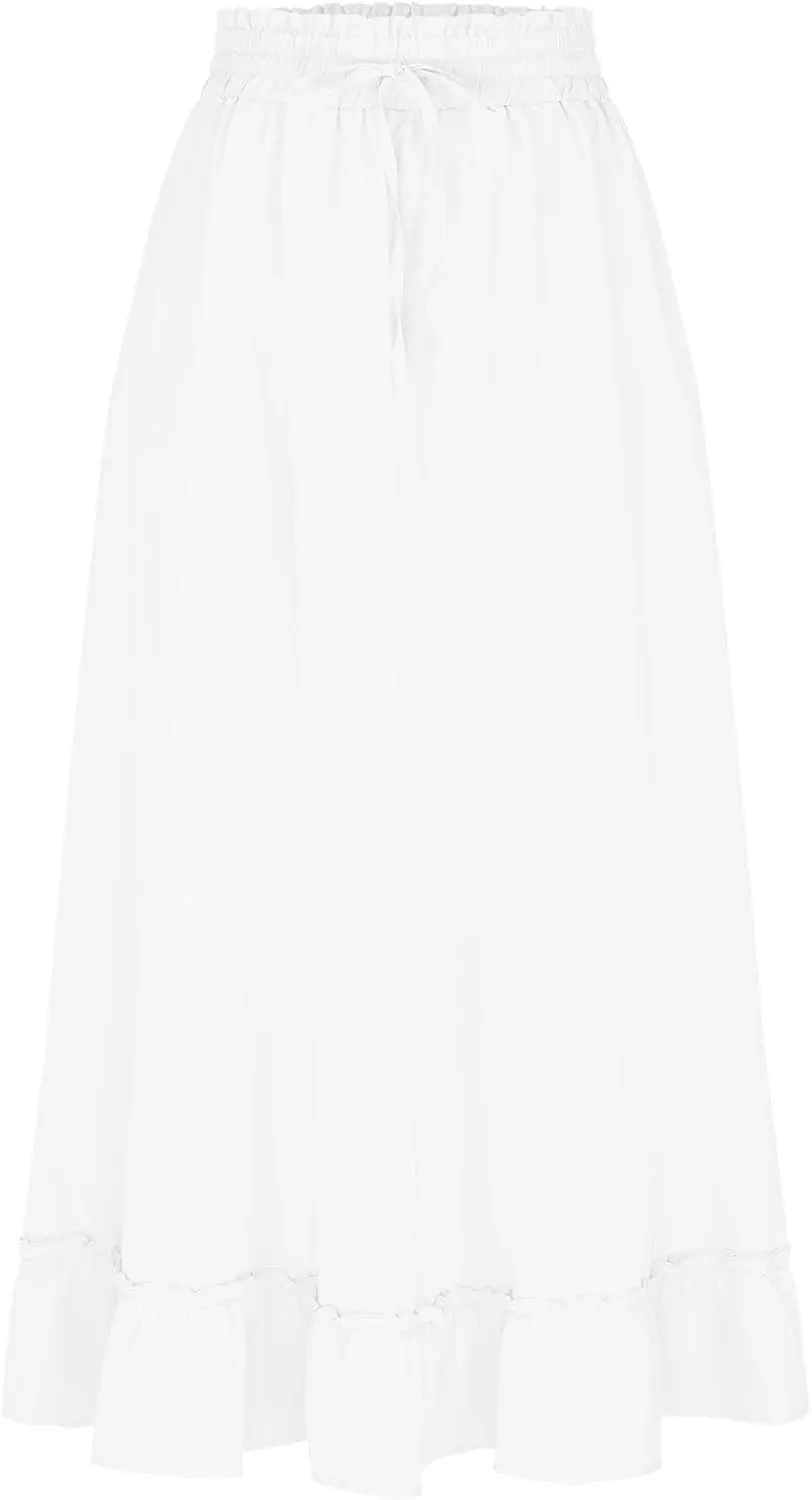 Womens Maxi Skirt Summer Trendy Drawstring Elastic High Waisted Casual Beach Flowy Swing Long Skirts with Pockets