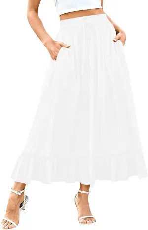 Womens Maxi Skirt Summer Trendy Drawstring Elastic High Waisted Casual Beach Flowy Swing Long Skirts with Pockets