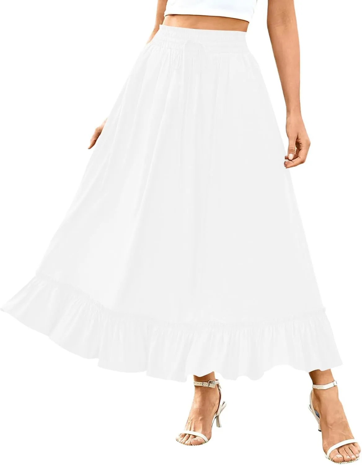 Womens Maxi Skirt Summer Trendy Drawstring Elastic High Waisted Casual Beach Flowy Swing Long Skirts with Pockets