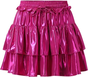 Womens Metallic Skirt Shiny Flared Pleated Skirt Layered Ruffle Hem Mini Skirt Christmas Rave Midi Skirts for Women 011