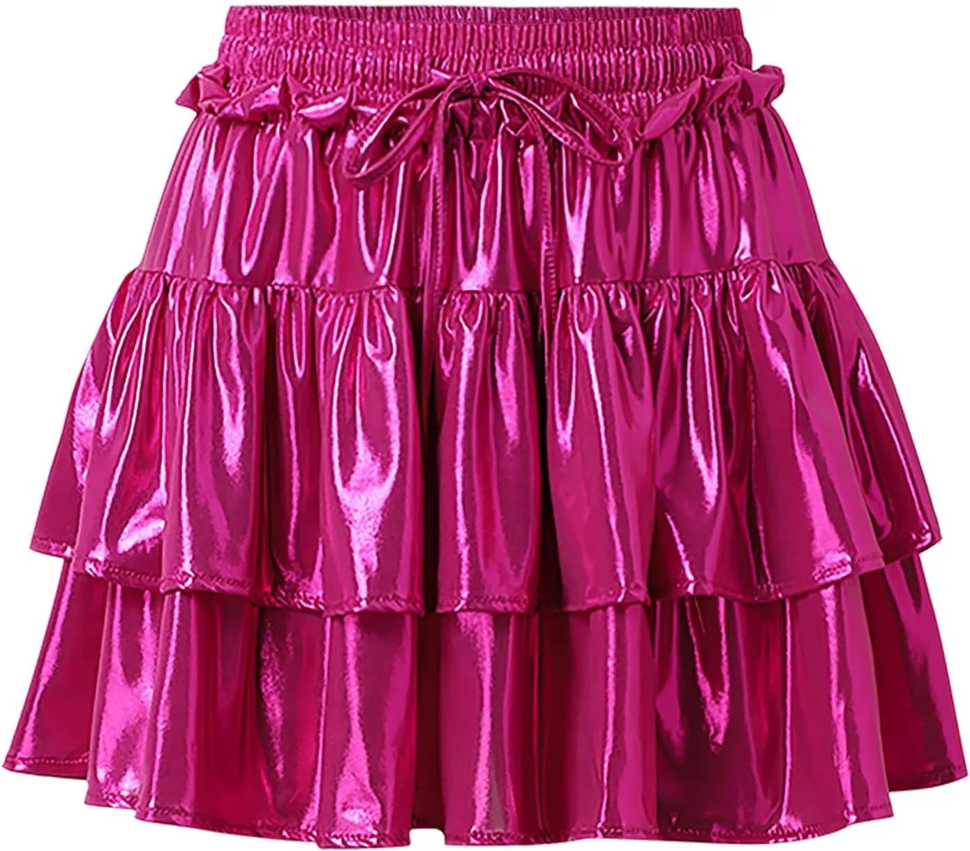Womens Metallic Skirt Shiny Flared Pleated Skirt Layered Ruffle Hem Mini Skirt Christmas Rave Midi Skirts for Women 011