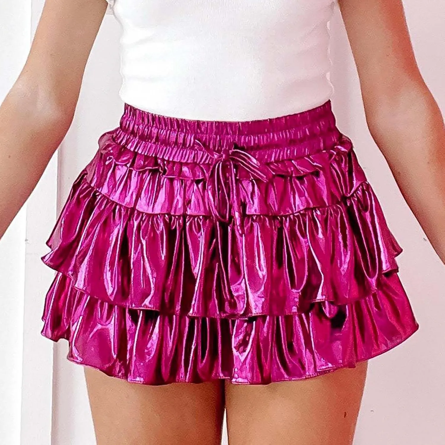 Womens Metallic Skirt Shiny Flared Pleated Skirt Layered Ruffle Hem Mini Skirt Christmas Rave Midi Skirts for Women 011
