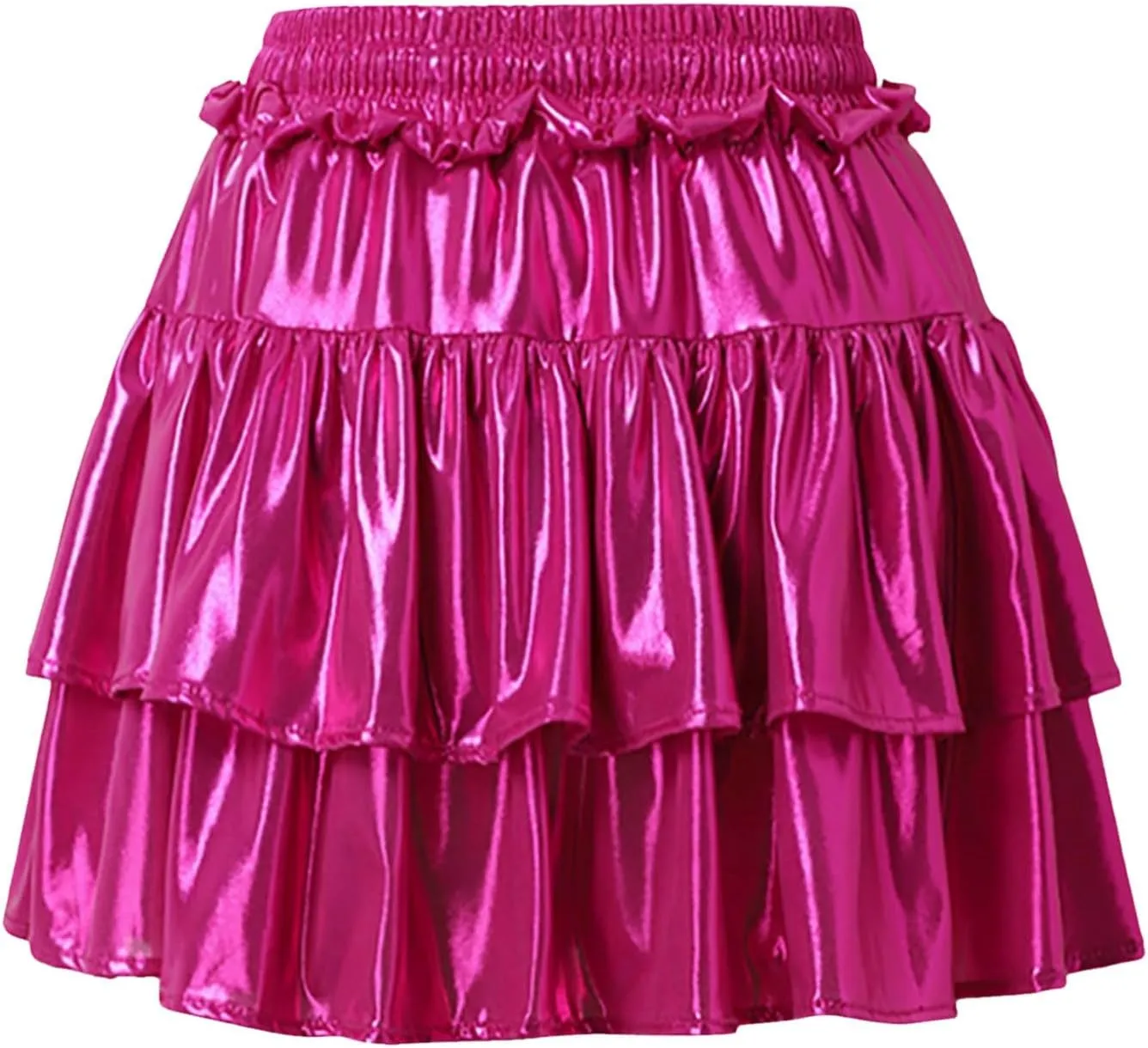 Womens Metallic Skirt Shiny Flared Pleated Skirt Layered Ruffle Hem Mini Skirt Christmas Rave Midi Skirts for Women 011
