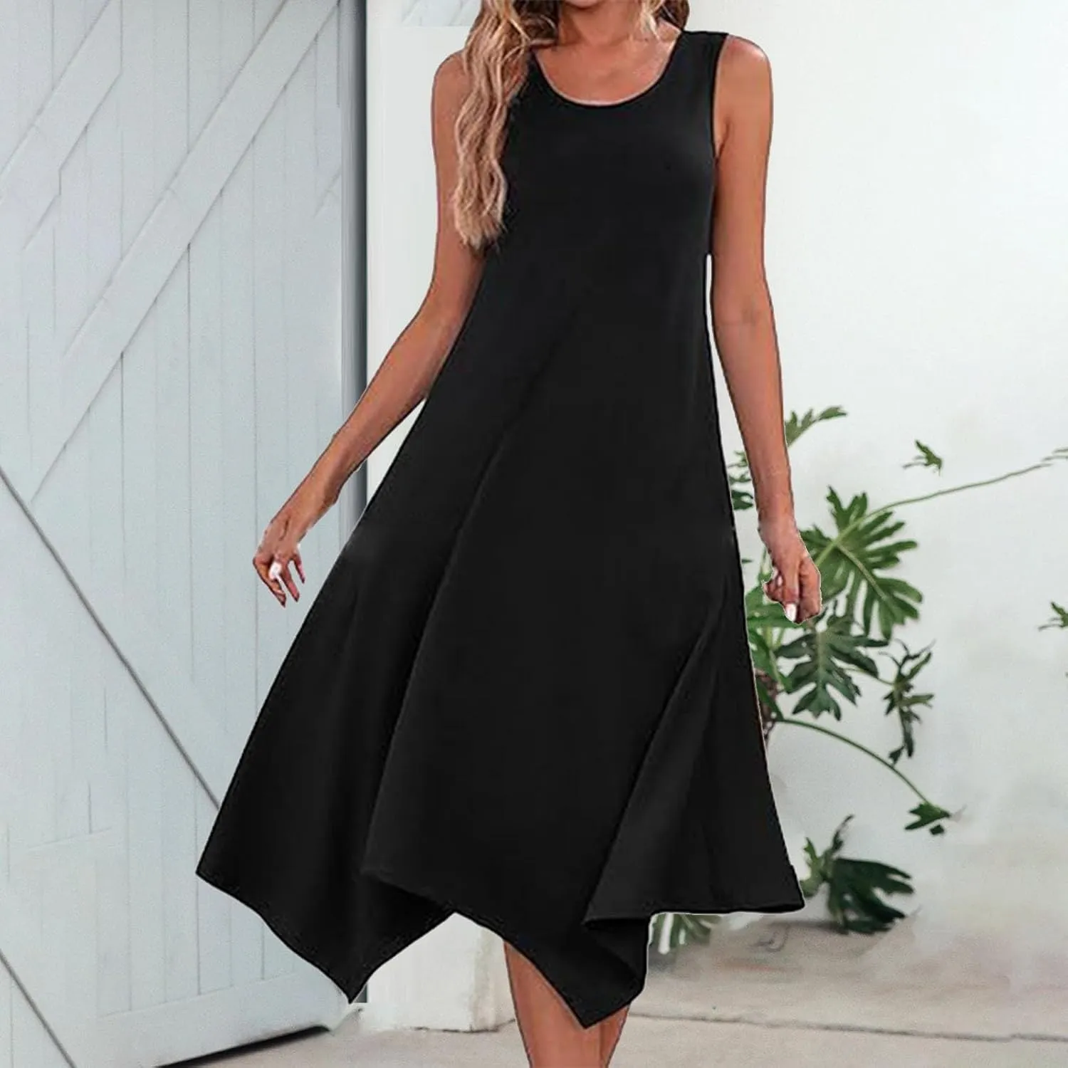 Womens Midi Dress Casual Summer Sleeveless Irregular Hankerchief Hem Long Maxi Dress Tank Dresses with Pockets