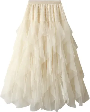 Womens Multilayer Ruffles Skirt Midi Long Fairy Skirt High Low Layered A-line Midi Skirt Irregular Tutu for Women