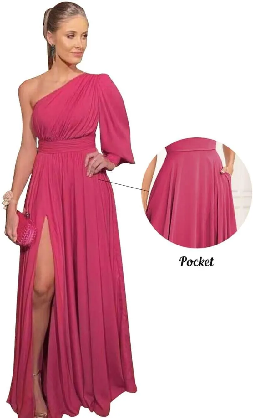 Womens One Shoulder Bridesmaid Dresses with Pockets Puffy Long Sleeve Split Chiffon Formal Evening Gown