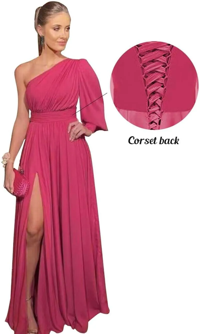 Womens One Shoulder Bridesmaid Dresses with Pockets Puffy Long Sleeve Split Chiffon Formal Evening Gown