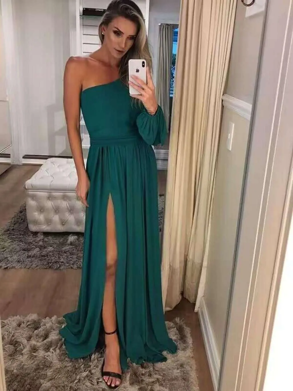 Womens One Shoulder Bridesmaid Dresses with Pockets Puffy Long Sleeve Split Chiffon Formal Evening Gown