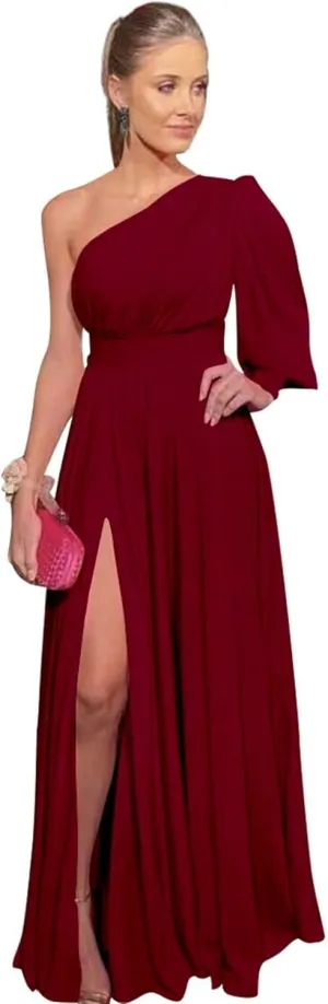 Womens One Shoulder Bridesmaid Dresses with Pockets Puffy Long Sleeve Split Chiffon Formal Evening Gown