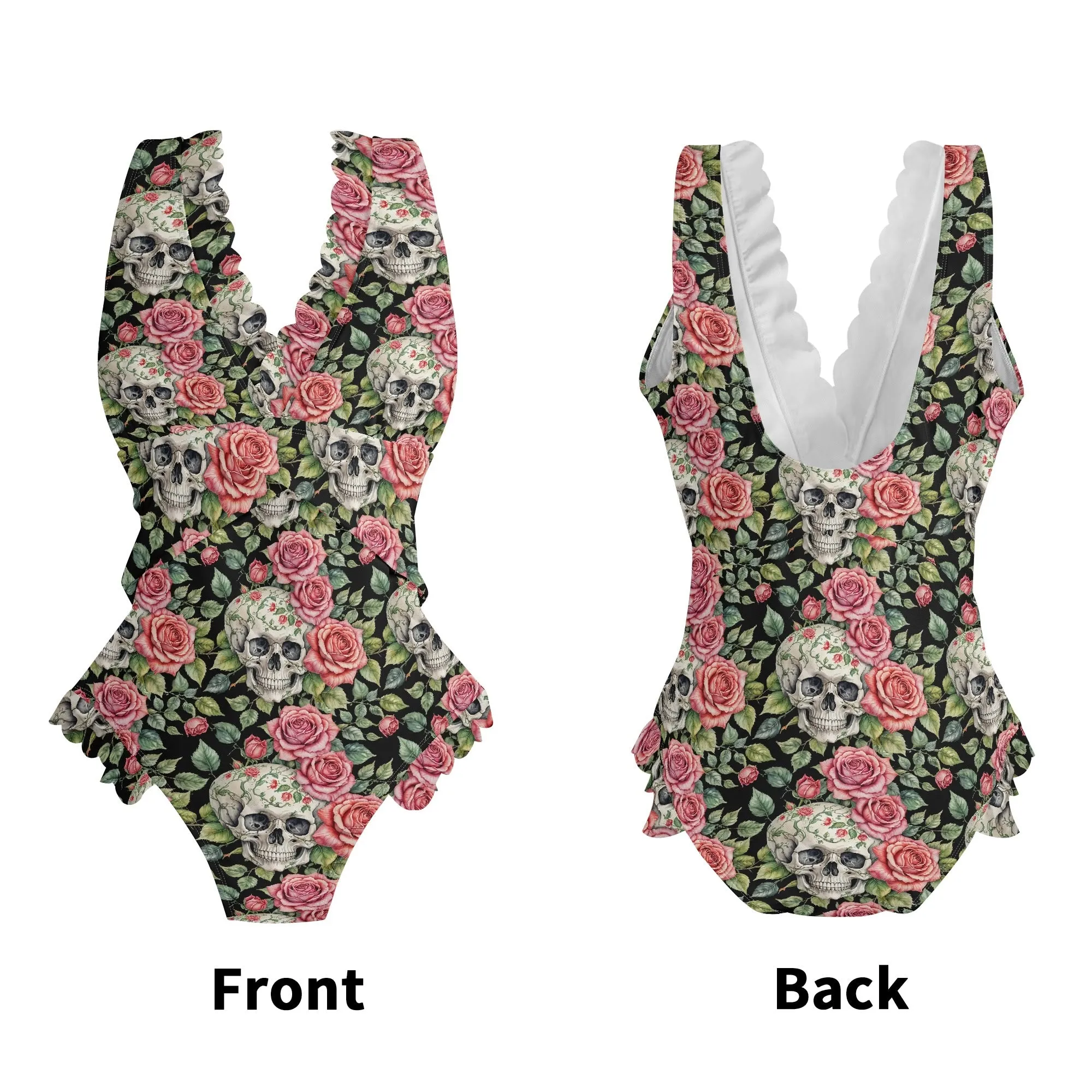 Womens Pink Skulls Ruffle Edge Cross-Front One Piece Swimsuit Bathing Suit