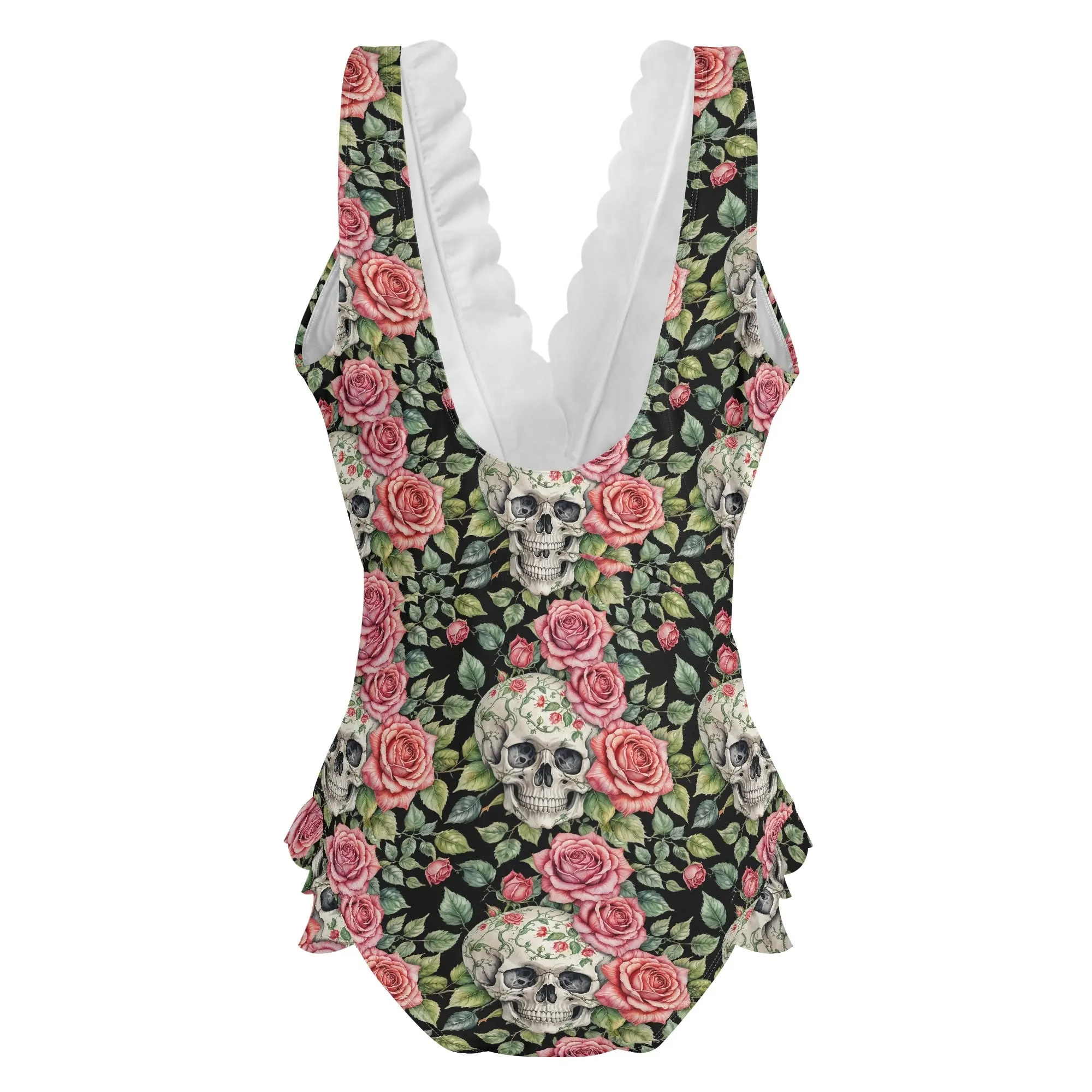 Womens Pink Skulls Ruffle Edge Cross-Front One Piece Swimsuit Bathing Suit