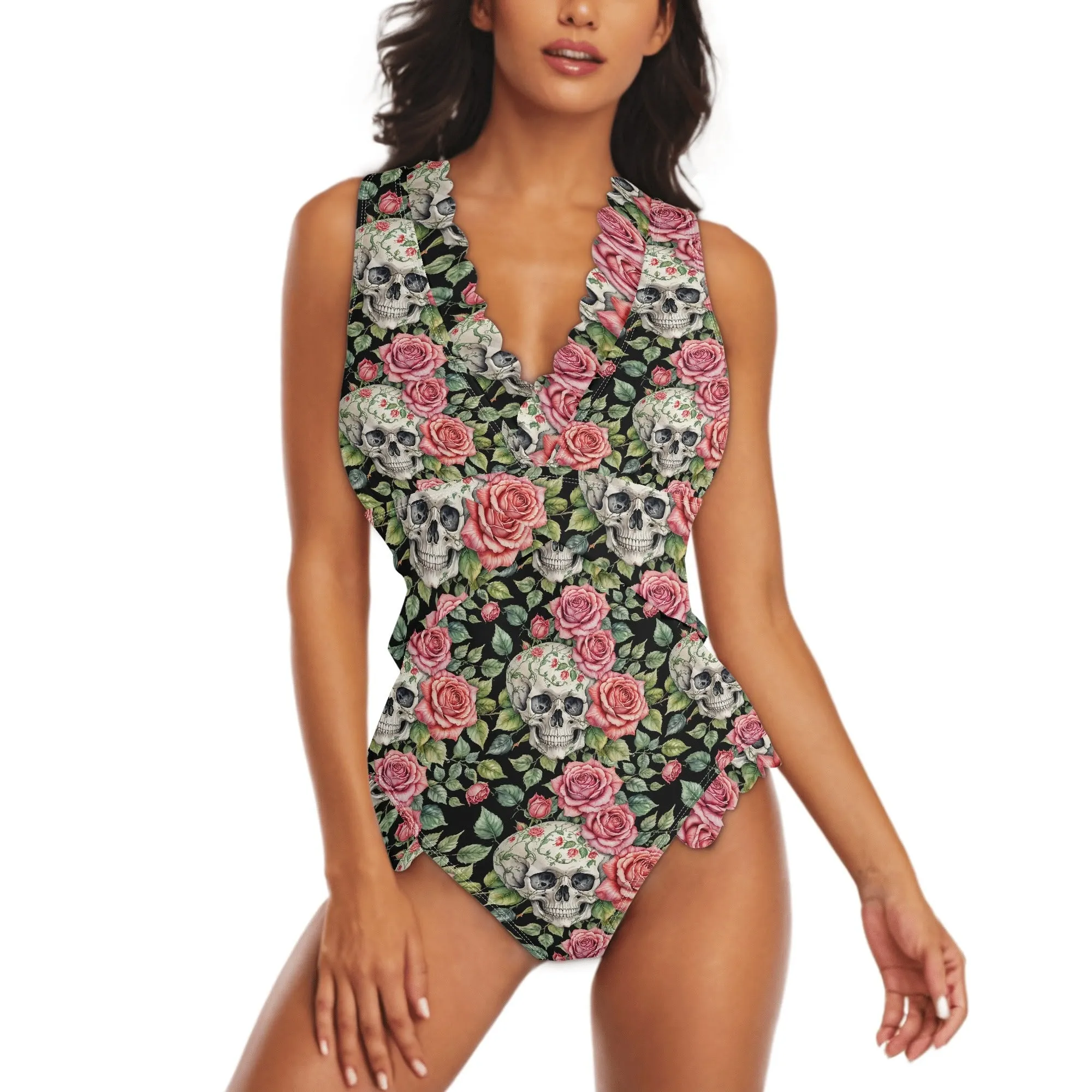 Womens Pink Skulls Ruffle Edge Cross-Front One Piece Swimsuit Bathing Suit