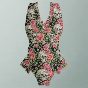 Womens Pink Skulls Ruffle Edge Cross-Front One Piece Swimsuit Bathing Suit