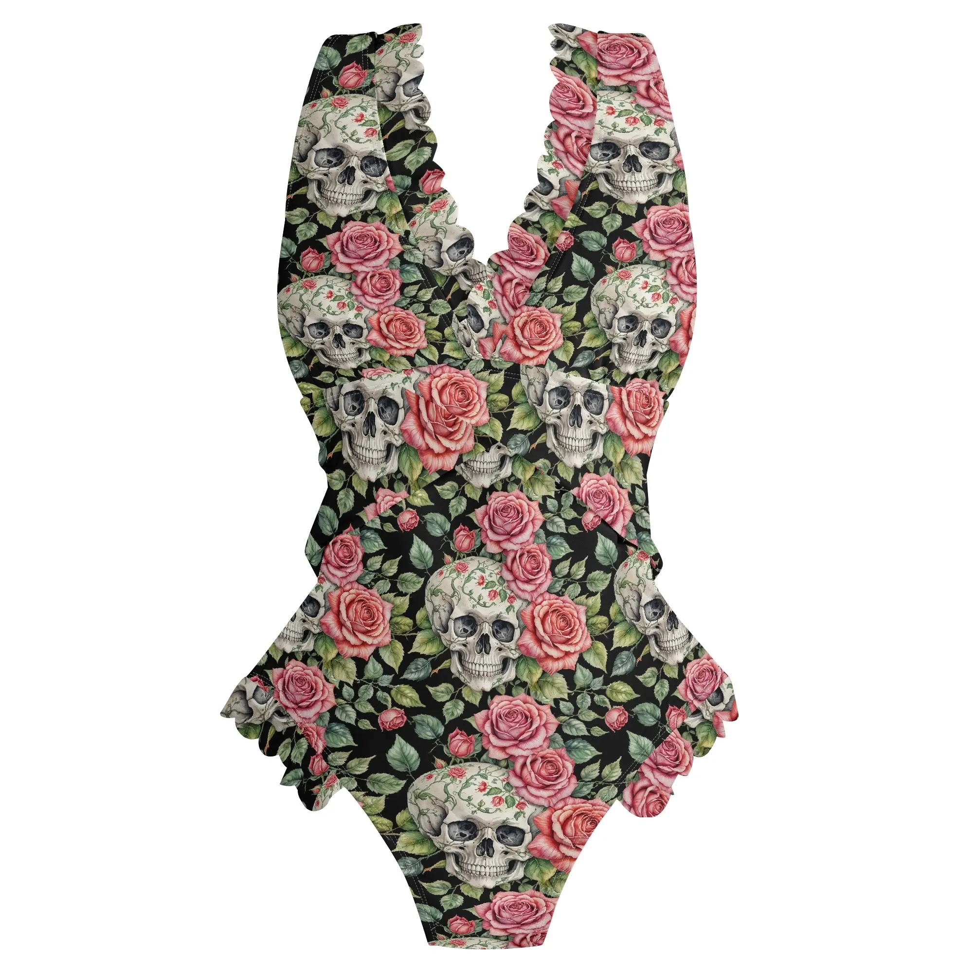 Womens Pink Skulls Ruffle Edge Cross-Front One Piece Swimsuit Bathing Suit