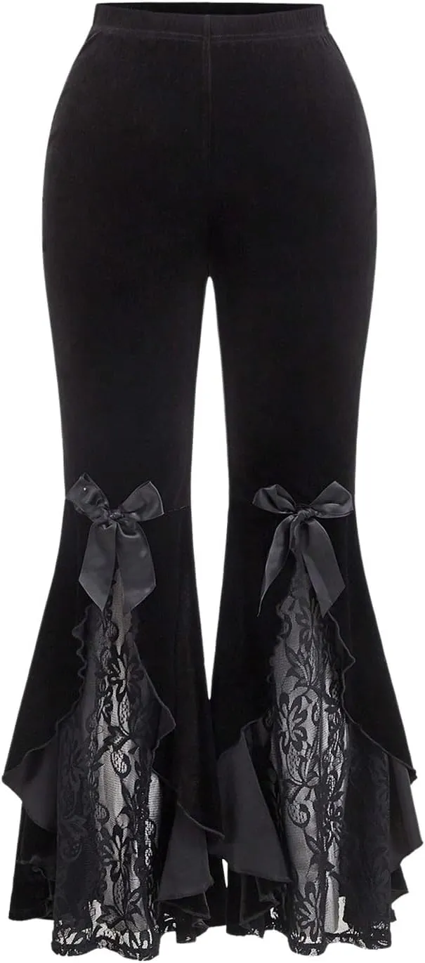 Women's Plus Size Bow Knot Lace Flare Leg Pants Ruffle High Waist Long Trousers