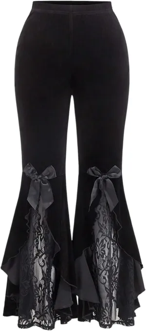 Women's Plus Size Bow Knot Lace Flare Leg Pants Ruffle High Waist Long Trousers