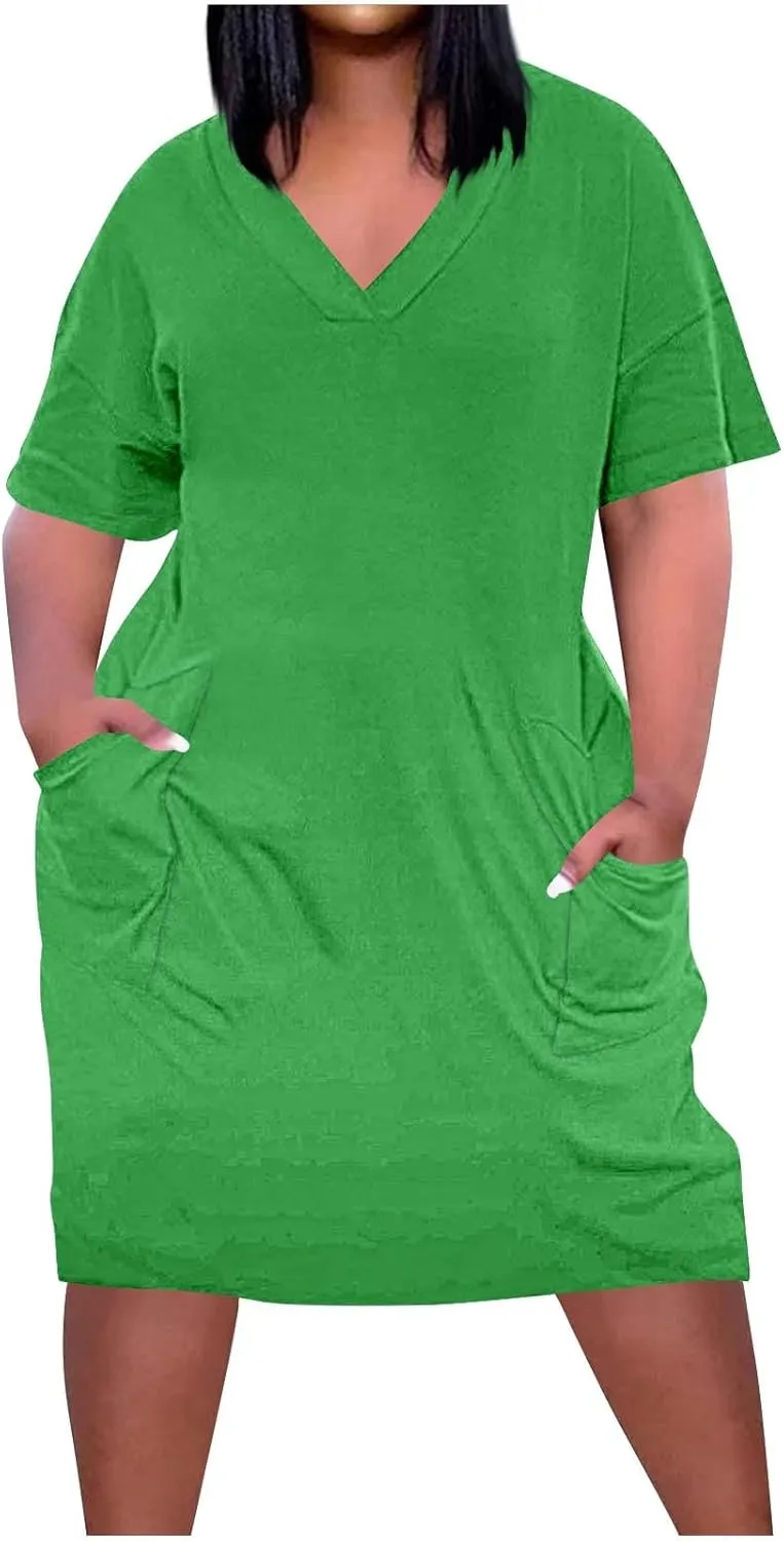 Women's Plus Size Custom Dress Short Sleeve V Neck Loose Midi Dresses Personalized Photo Dress with Pockets 2025